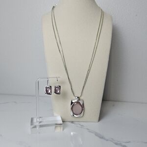 Vtg Kenneth Cole Double Chain Silver Tone Rose Pendant Necklace And Earring Set